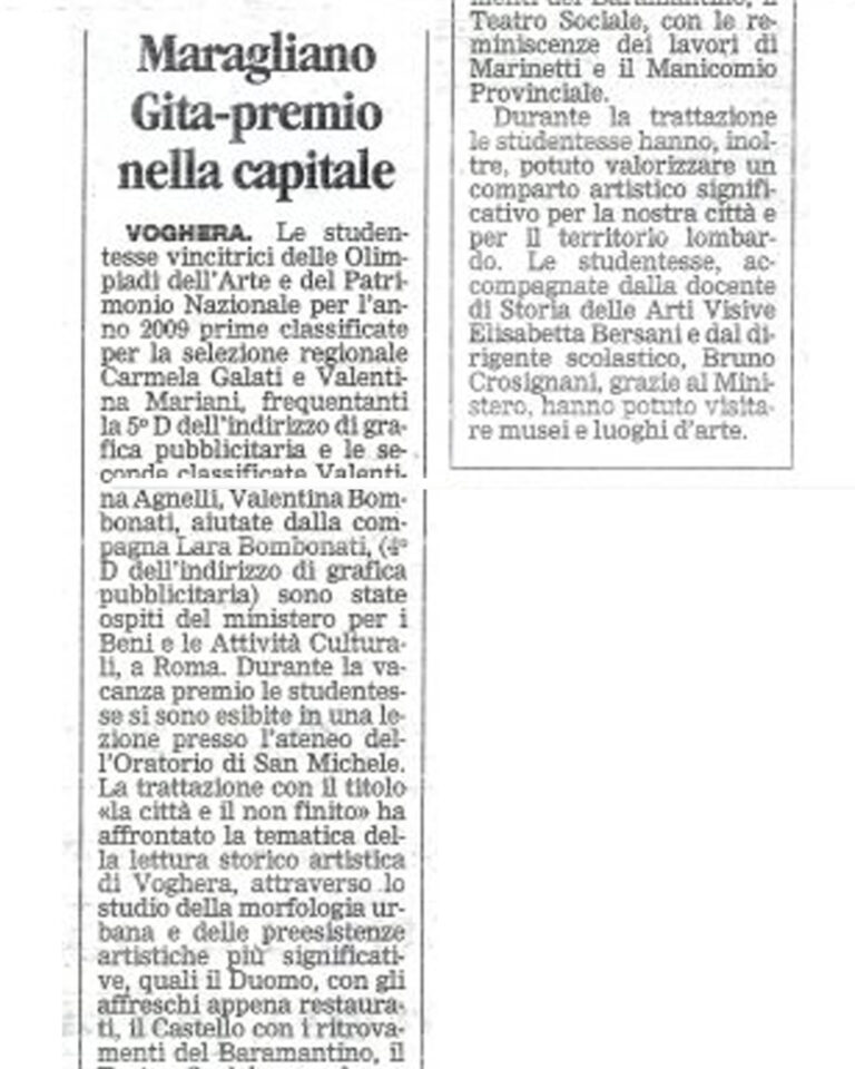 Articolo "Provincia Pavese" del 12 maggio 2009 "Olimpiadi nazionali dell'arte" - Roma